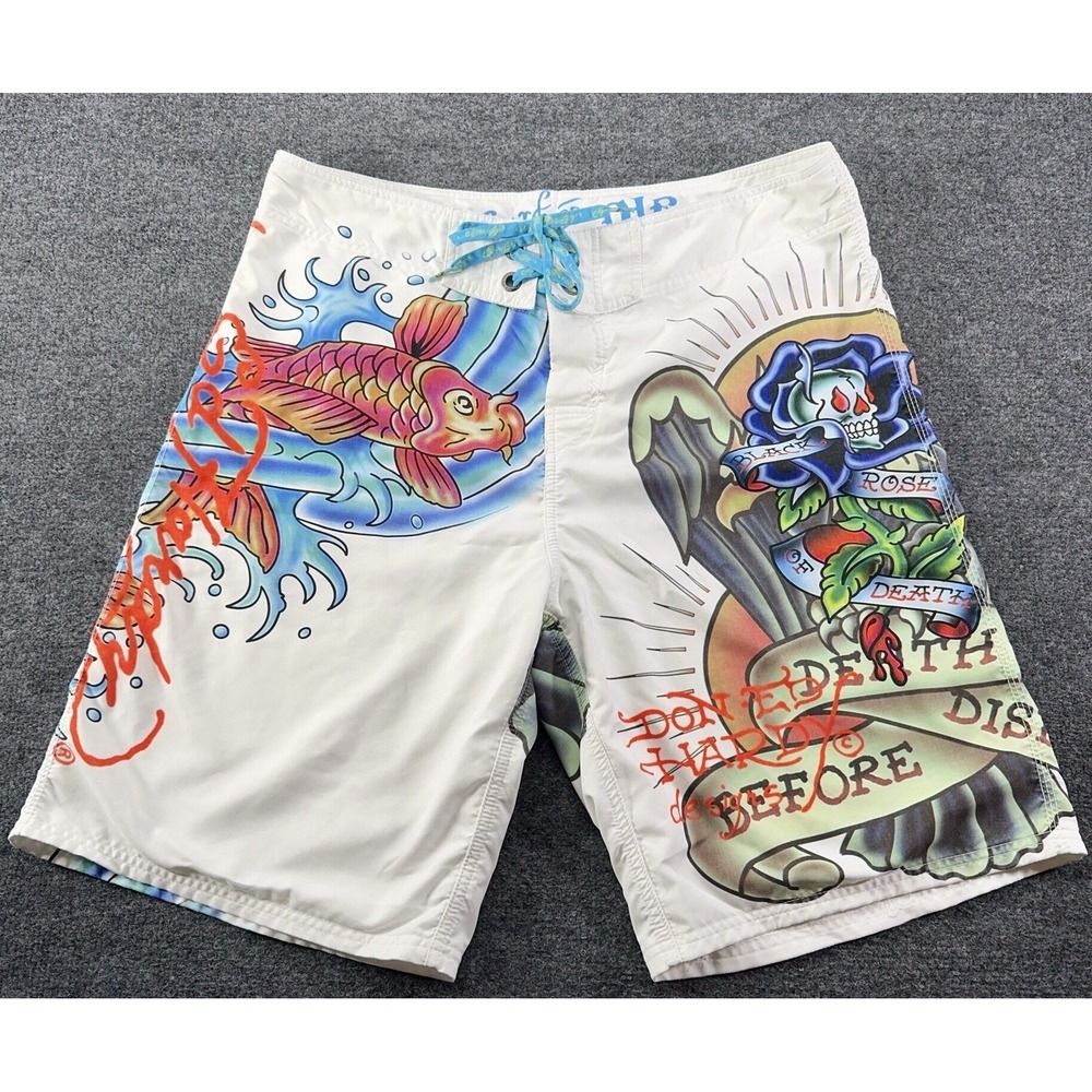 Ed Hardy Black Rose Board Shorts 36 Graffiti Y2K EUC